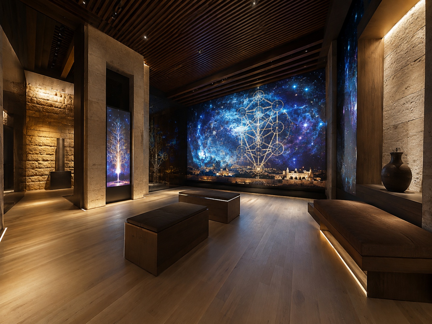 A modern, dimly lit room featuring holographic displays of cosmic and spiritual imagery, with wooden benches and stone walls