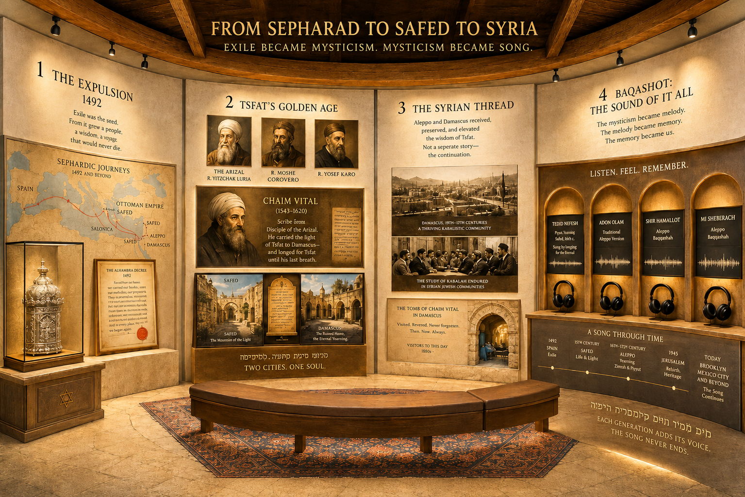 Concept rendering of the From Sepharad to Safed to Syria experience: four illuminated zones tracing the 1492 Expulsion, Tsfat's Golden Age, the Syrian Thread and the Baqashot listening wall, around a curved central bench