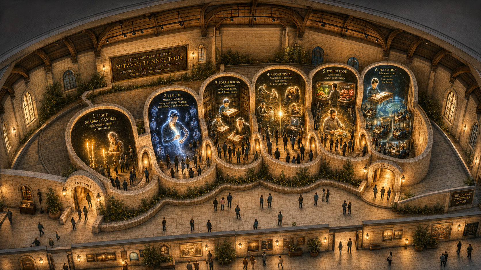 Concept rendering of the Mitzvah Tunnel Tour: six illuminated holographic arches inside a stone hall, each dedicated to one mitzvah, leading visitors from entrance to exit