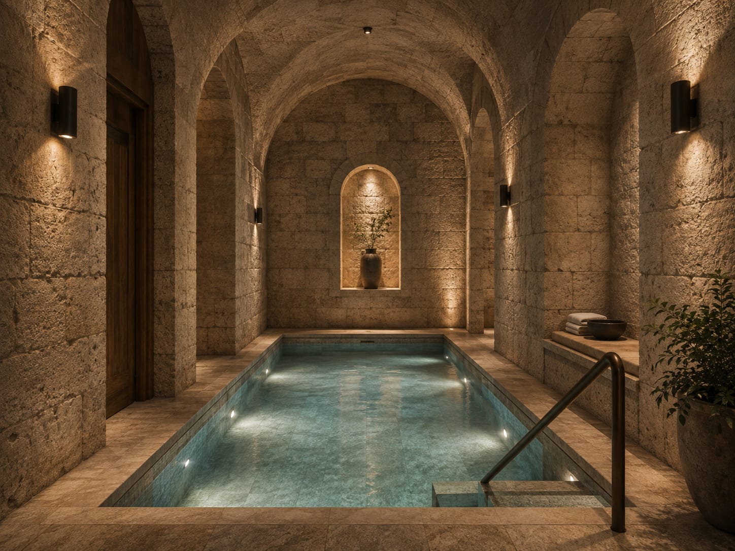 A stone-walled mikvah with an indoor pool, arched ceilings, and warm lighting