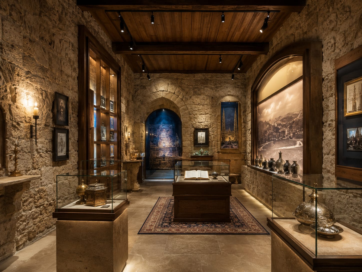 A museum interior with stone walls, wooden ceiling beams, and various artifacts displayed in glass cases