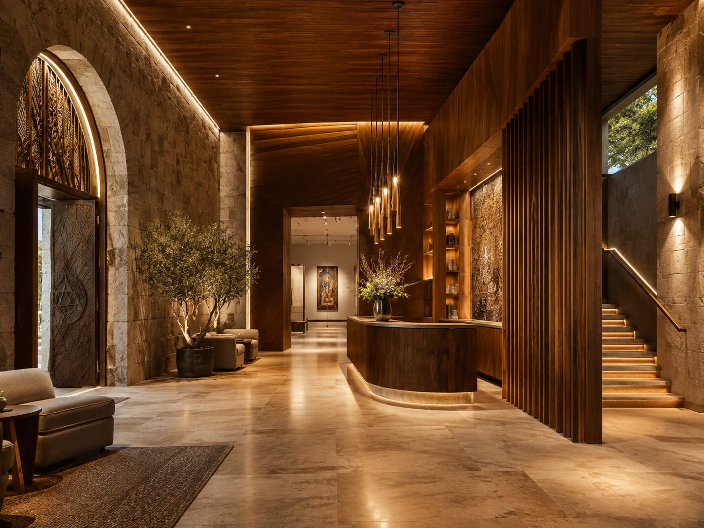 A modern, luxurious hotel lobby with stone walls, wooden paneling, and warm lighting