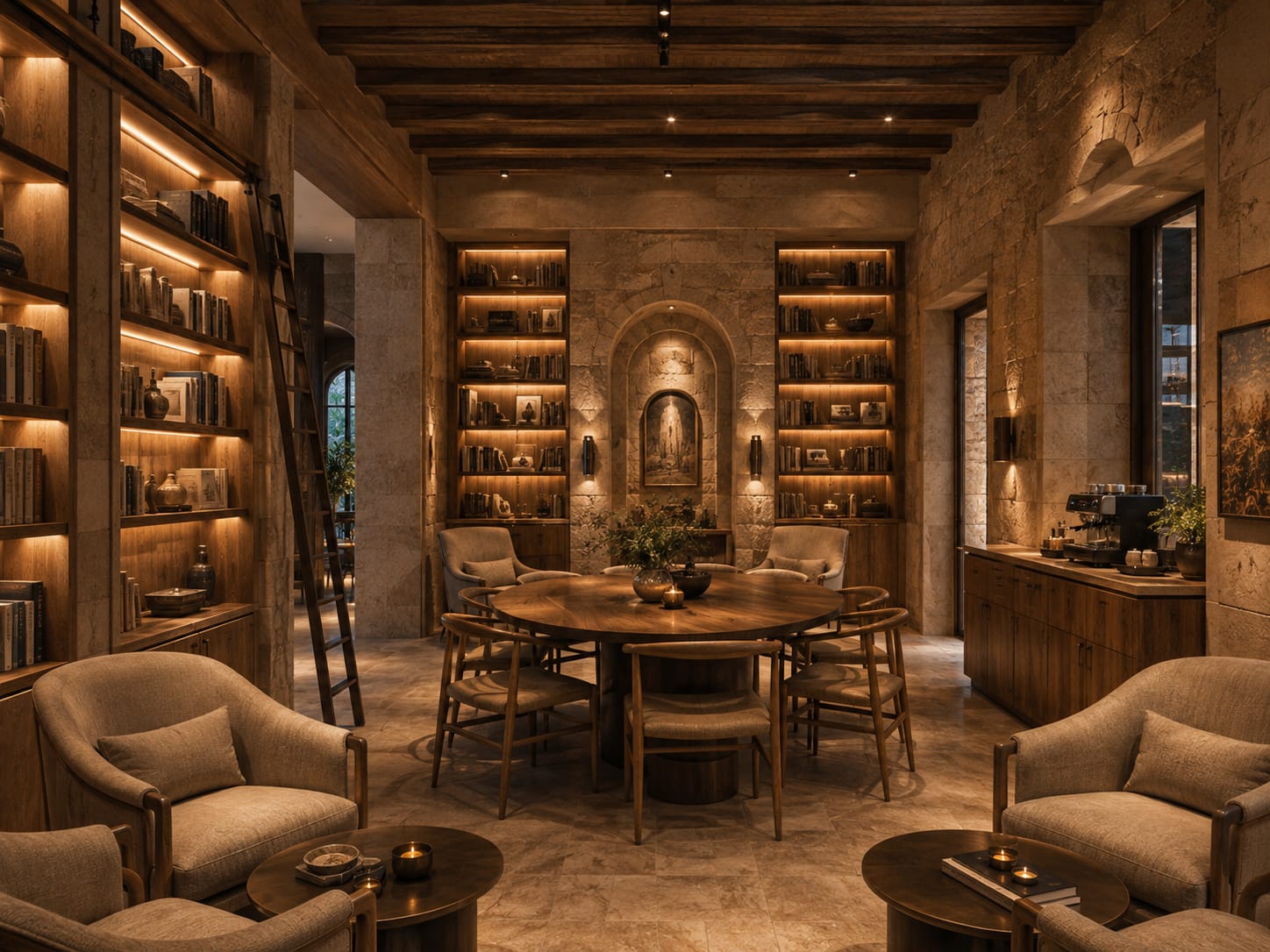 A warm, dimly lit library with wooden bookshelves, a round table with chairs, and comfortable armchairs