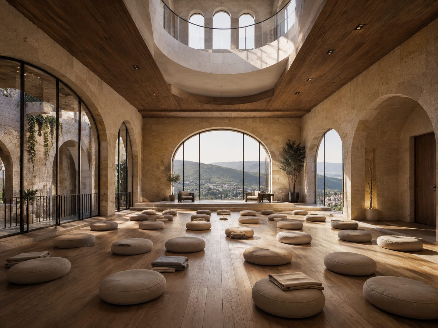 A serene, sunlit meditation hall with arched windows, wooden ceilings, and numerous floor cushions arranged for group practice