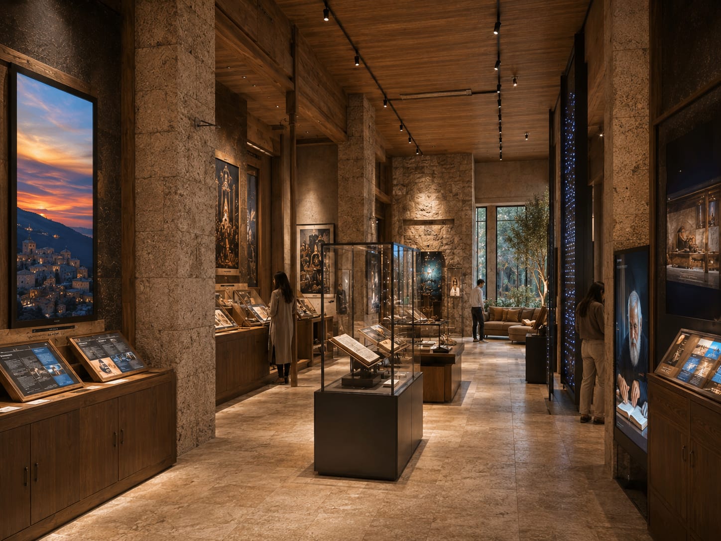 A museum exhibit featuring stone walls, wooden ceilings, display cases with ancient books, and digital screens showing portraits and landscapes