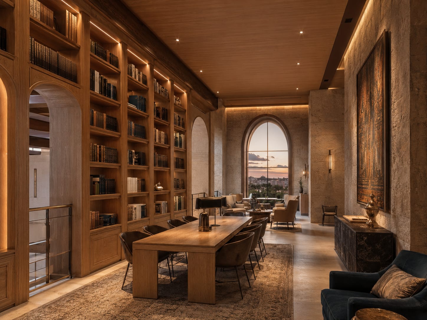 A spacious study room featuring floor-to-ceiling wooden bookshelves, a long central wooden table with chairs, stone walls, and a large arched window overlooking a sunset view