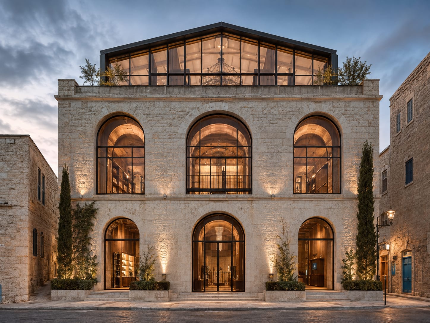 The stone exterior of The Living Kabbalah Museum in Tsfat, featuring arched windows and a glass-enclosed top floor