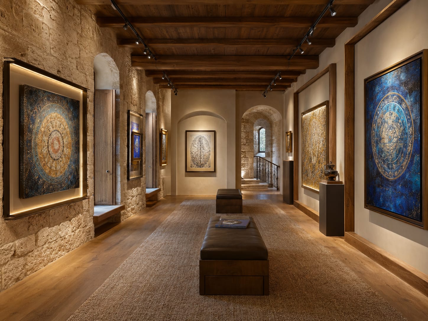A gallery hallway with stone walls, wooden ceiling beams, and several large circular artworks displayed on the walls